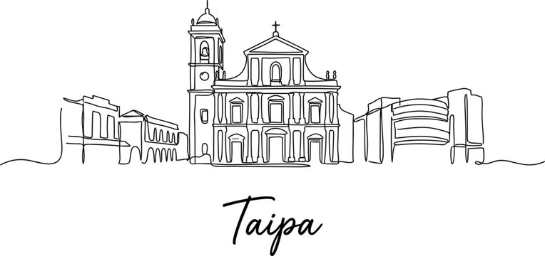 Minimalist Taipa Macau cityscape featuring church one continuous line art vector illustration