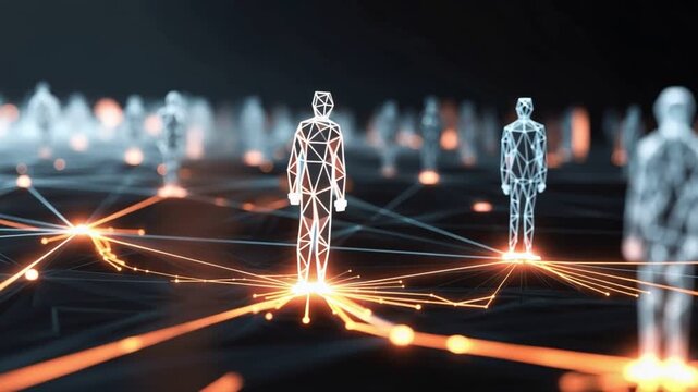 Abstract representation of interconnected digital figures, symbolizing networking, technology, and communication in the modern world. A futuristic concept of social interaction.