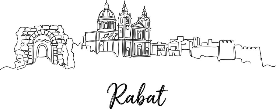 Rabat Malta city skyline with historical landmarks in continuous line art vector illustration