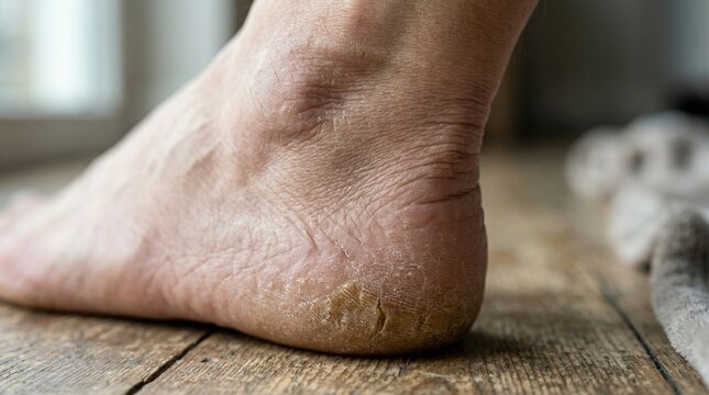 Dry heel skin on a foot with cracked surface on wooden floor