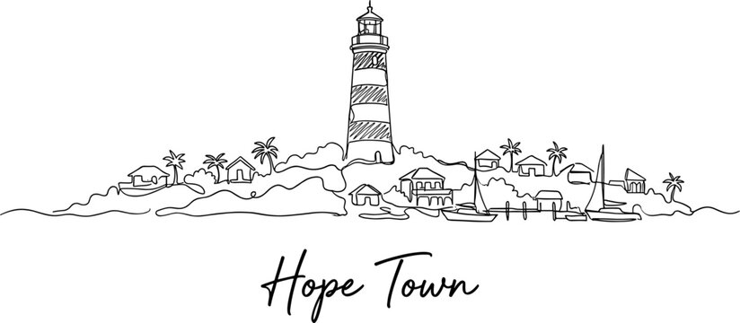 Hope Town Bahamas skyline with lighthouse and sailboats continuous line art vector illustration