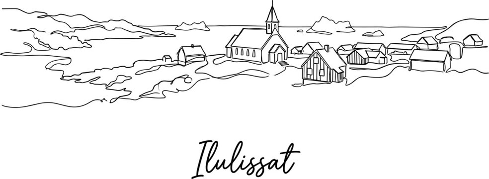 Ilulissat Greenland coastal townscape with Zion Church continuous line drawing vector illustration