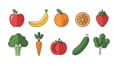 Fototapeta premium Fruits and vegetables vector bundle with healthy food icons for diet and nutrition