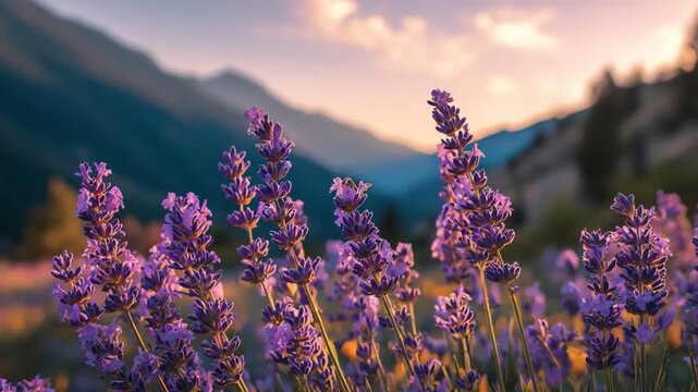 A stunning field of lavender blooms under a colorful sunset, surrounded by majestic mountains