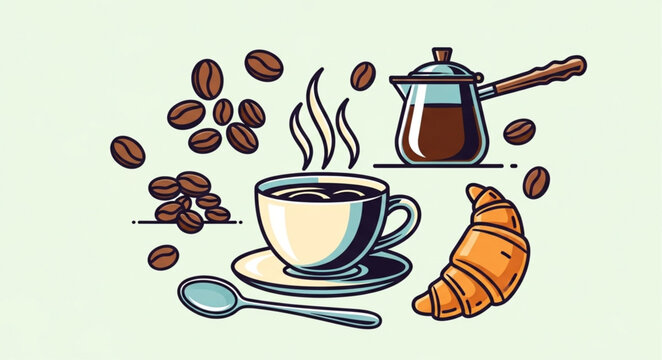 Coffee Cup with Croissant and Beans.