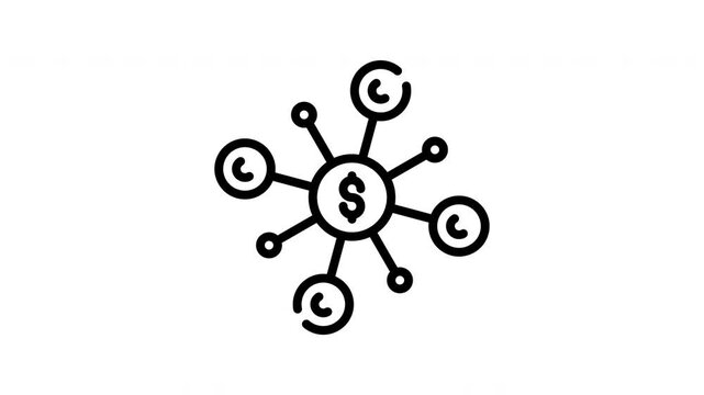 Black dollar sign connected to surrounding circles network, ideal for finance, economy, networking, business concepts in graphic design projects.
