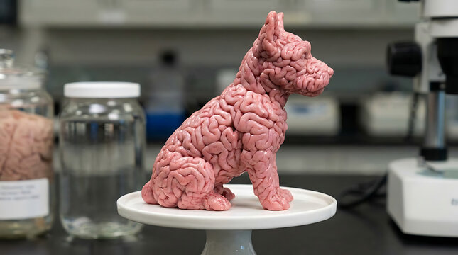 Brain dog model on display in lab with jar and microscope