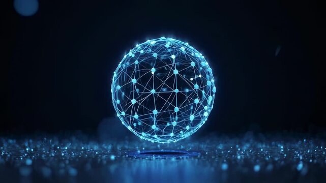 A glowing digital sphere comprised of connected nodes floats above a reflective surface