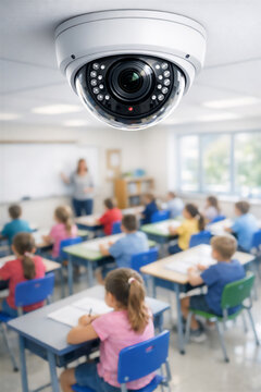 A white dome security camera is mounted on a ceiling, monitoring a classroom full of young students. It represents school safety, surveillance, and privacy in education.