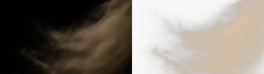 Dust sand soil smoke cloud particles isolated on transparent white background. Brown sandstorm smog sand dust explosion rising. Design elements for Compositing, covering, overlay.