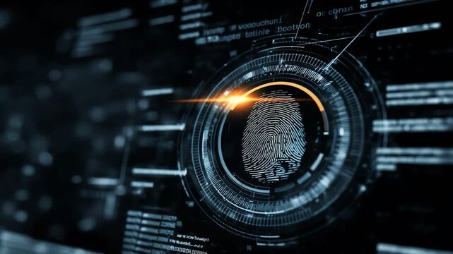 A close-up view of a futuristic fingerprint scanning technology, showcasing intricate digital patterns and holographic details, symbolizing security and biometric identification.
