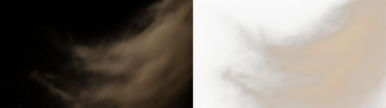 Dust sand soil smoke cloud particles isolated on transparent white background. Brown sandstorm smog sand dust explosion rising. Design elements for Compositing, covering, overlay.