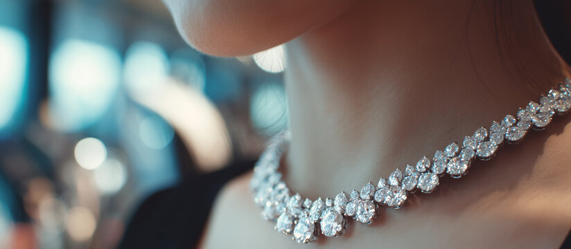 Close-up of a person trying on an elegant diamond necklace in a jewelry store