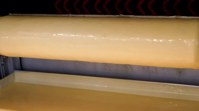 Close-up footage of the traditional Baumkuchen cake manufacturing process in a professional bakery factory. The cylindrical cake rotates continuously on a spit, receiving layers of smooth batter or gl