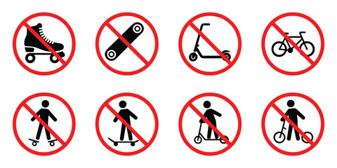 Ban rollerskate silhouette icon with bike forbid pictogram skateboard roller skate kick scooter symbols permitted green and no skating signs © MDRifat