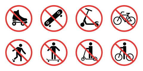 Ban rollerskate silhouette icon with bike forbid pictogram skateboard roller skate kick scooter symbols permitted green and no skating signs © MDRifat