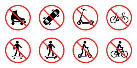 Ban rollerskate silhouette icon with bike forbid pictogram skateboard roller skate kick scooter symbols permitted green and no skating signs © MDRifat