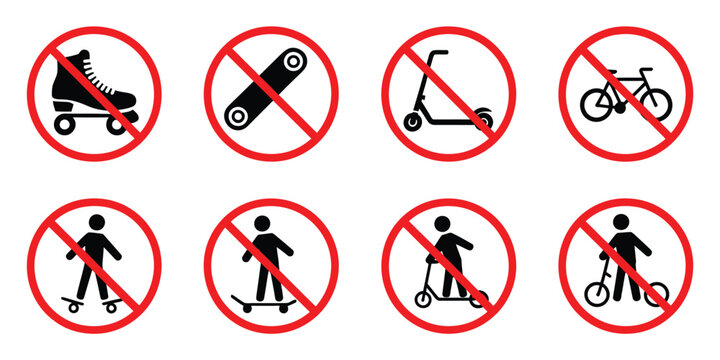 Ban rollerskate silhouette icon with bike forbid pictogram skateboard roller skate kick scooter symbols permitted green and no skating signs