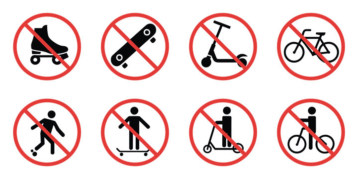 Ban rollerskate silhouette icon with bike forbid pictogram skateboard roller skate kick scooter symbols permitted green and no skating signs