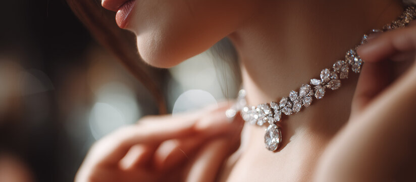 Close-up of a person trying on an elegant diamond necklace in a jewelry store