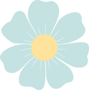 Minimalist Light Blue Spring Flower Illustration, Cute Pastel Periwinkle Blossom with Yellow Center, Hand Drawn Flat Floral Element Isolated on Transparent Background
