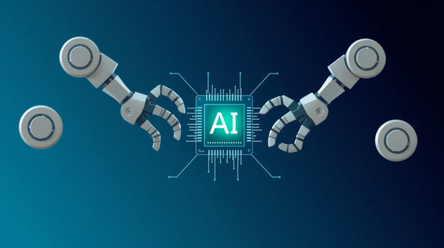 A futuristic robotic illustration representing artificial intelligence with a microchip and mechanical arms on a blue gradient background
