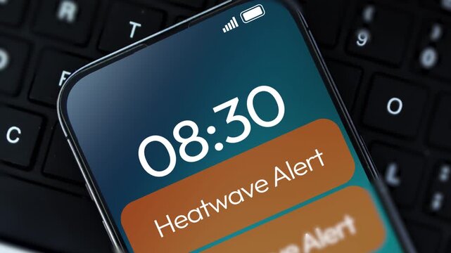 Smartphone screen shows heatwave alert notification, 4k animation