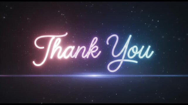 Beautiful neon glowing "Thank You" message displayed with a pink and blue gradient script font, shimmering against a dark cosmic background, offering a stylish digital expression of gratitude or appre