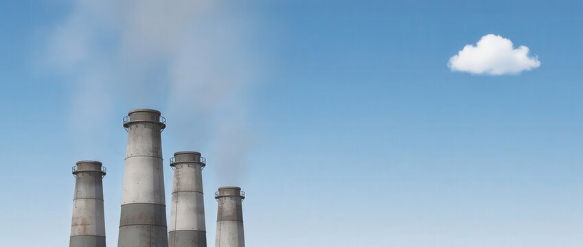 Two industrial smoke stacks emitting gray smoke against a clear blue sky representing conceptual visualization of industrial emissions and pollution