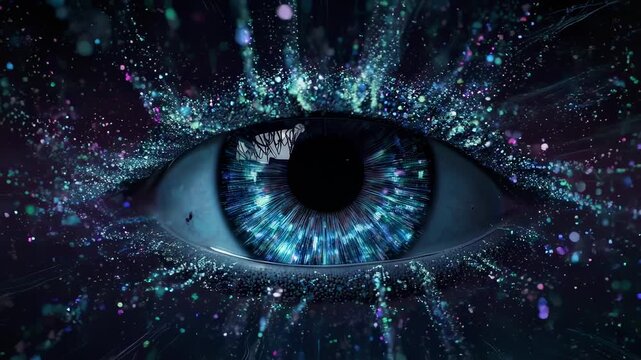 Close-up of a human eye with a galaxy-like pupil and cosmic particles surrounding it