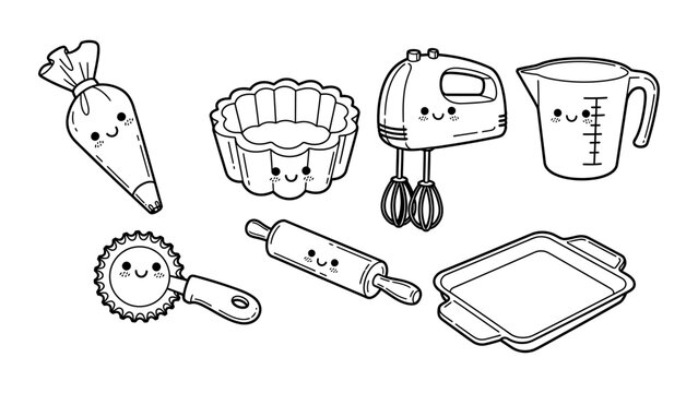 Kawaii baking tools vector illustration set featuring cute kitchen utensils for coloring book and culinary design concept