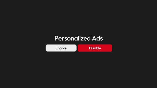 Toggle buttons for enabling or disabling personalized ads settings interface on black background in 4k animation video clip