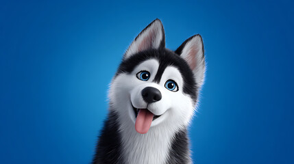 Obraz premium Happy cartoon husky dog with blue eyes and tongue out on blue background. 3D illustration of adorable cute pet in playful mood. 
