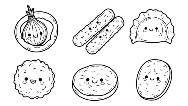 Cute kawaii food characters vector illustration set with onion dumpling and snacks for coloring book and kids menu design