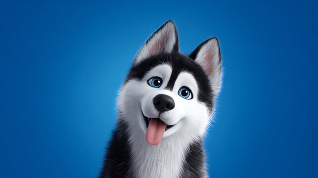 Happy cartoon husky dog with blue eyes and tongue out on blue background. 3D illustration of adorable cute pet in playful mood.
