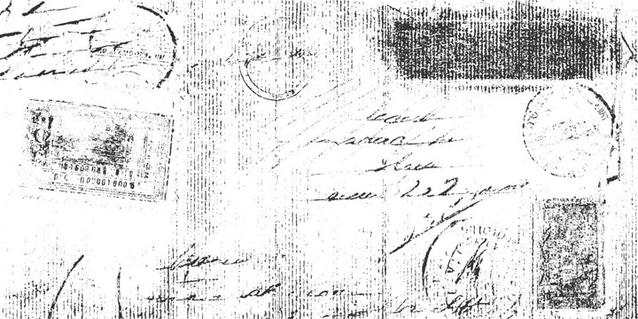 Vintage handwritten letters and postage stamps with circular postmarks and textured background