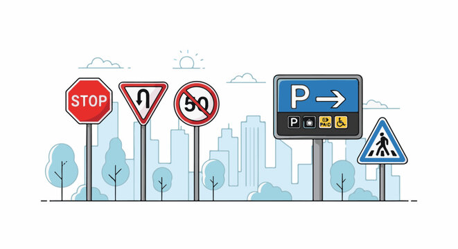 Cityscape with traffic and parking signs, including stop, U-turn, speed limit, and pedestrian