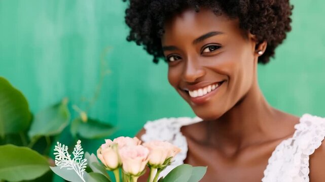 African female adult smiling bride holding bouquet outdoors with curly hair bright green background natural joyful portrait