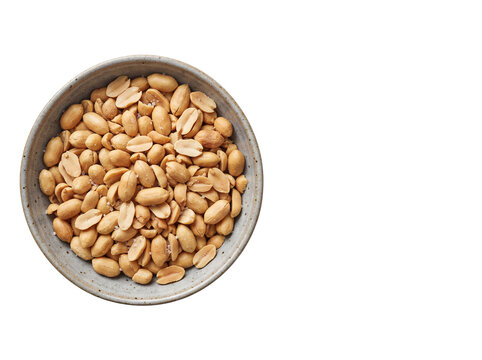 Roasted salted peanuts in a ceramic bowl, top view of crunchy golden legumes, healthy protein snack for keto diet and party appetizers isolated PNG with Transparent Background