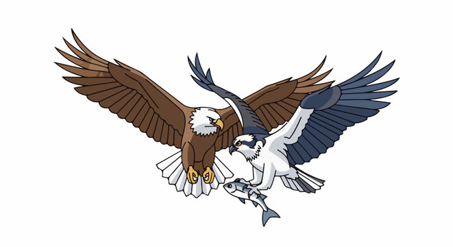 Two birds of prey, an eagle and an osprey, clash in flight