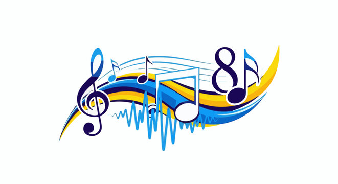 Abstract musical notes and sound waves design with blue, yellow and white hues