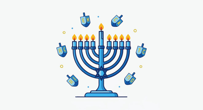 A bright blue menorah with lit candles surrounded by spinning dreidels