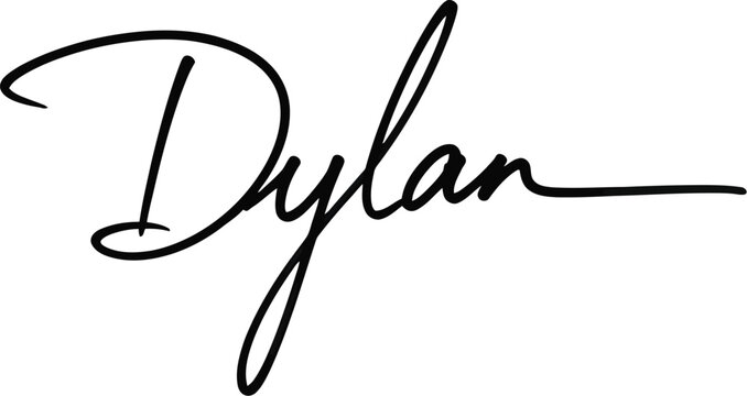 A stylish black signature of the name Dylan on a white background