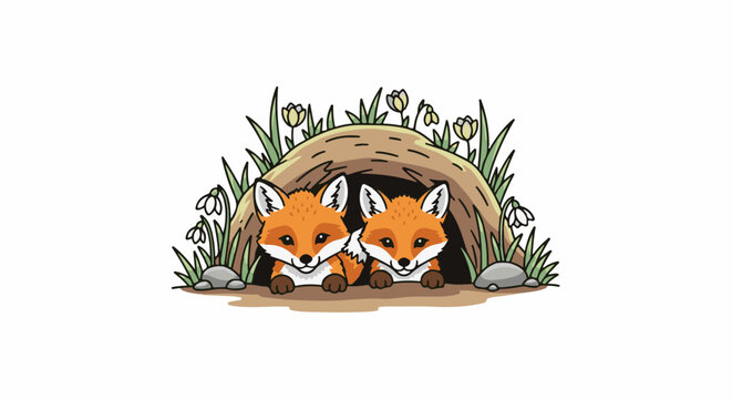 Two cute cartoon foxes peek out from a burrow surrounded by grass and flowers