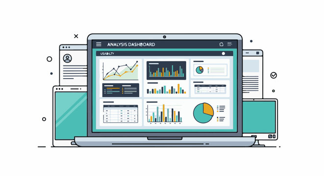 A laptop displays a usability analysis dashboard with various charts and data visualizations