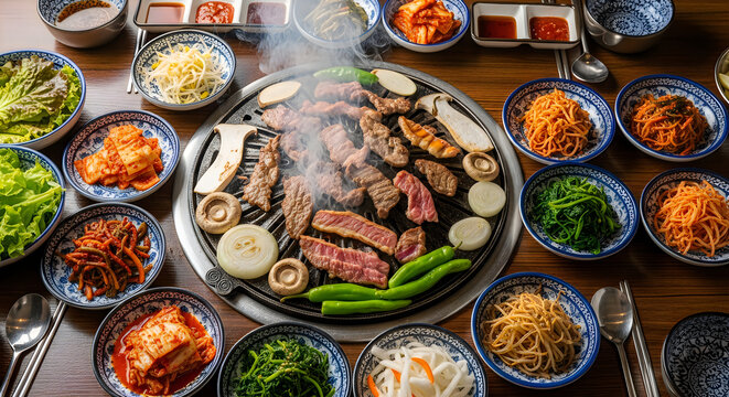 Korean BBQ table spread with grilled beef and banchan, traditional charcoal grill with sizzling meat and vegetables, authentic Korean cuisine dinner