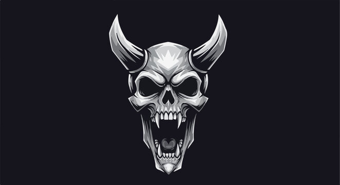 Monochromatic demonic skull with horns and bared fangs opens its jaw wide