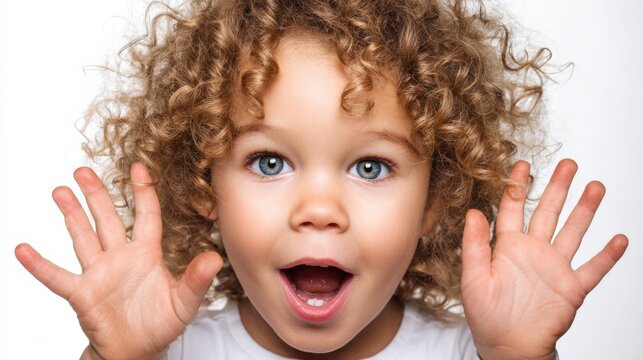 Caucasian young child with curly hair expressing surprise on white background