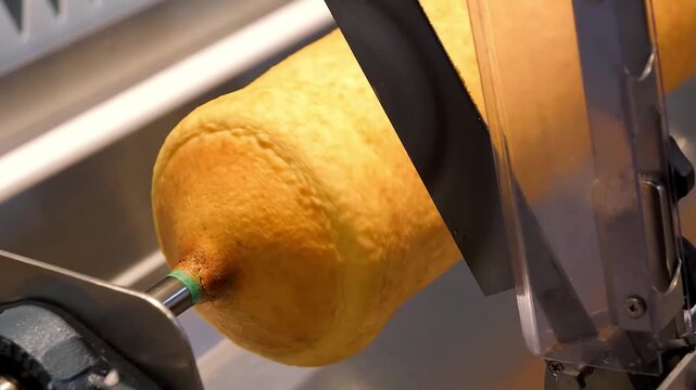 Close-up shot of a golden-brown Baumkuchen, a traditional German layer cake, being precisely sliced by an industrial automatic cutting machine.
