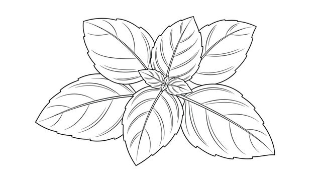 Clean black and white line art illustration of fresh basil leaves gathered in a bunch for culinary and botanical design.